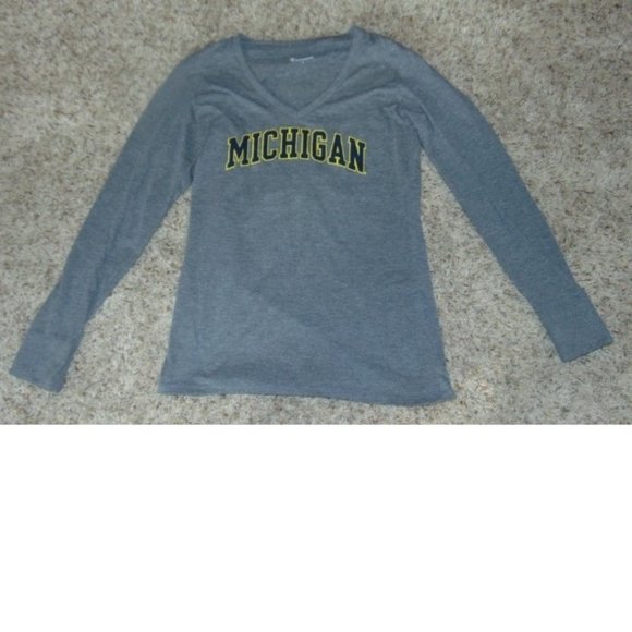 Womens Michigan Wolverines UOM Gray Large Champion V-Neck Long Sleeve NCAA - Picture 1 of 4
